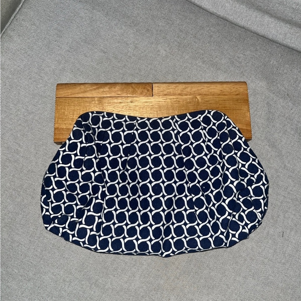 Navy Geometric Print Clutch with Wood Frame